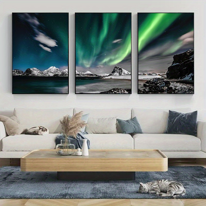 Piece Canvas Northern Lights Wall Art Alaska Northern Lights Poster Mountain Nature Canvas Paintings Pictures Green Wall Decor Framed for Bedroom Wa - 4