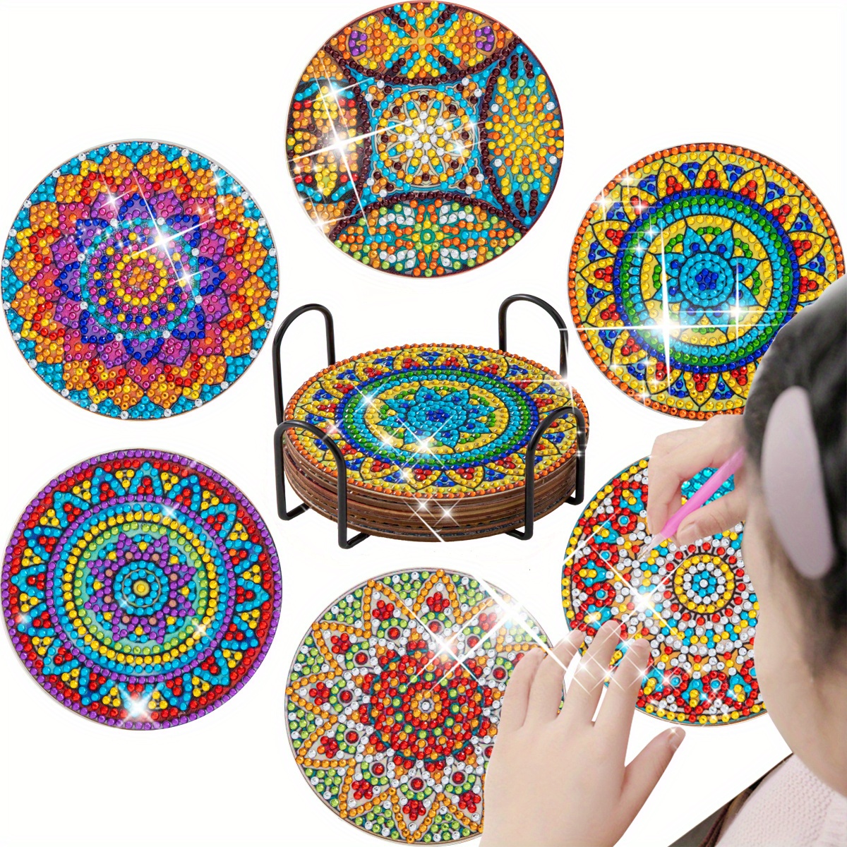 6pcs Mandala Diamond Painting Coaster Set (With Stand) D