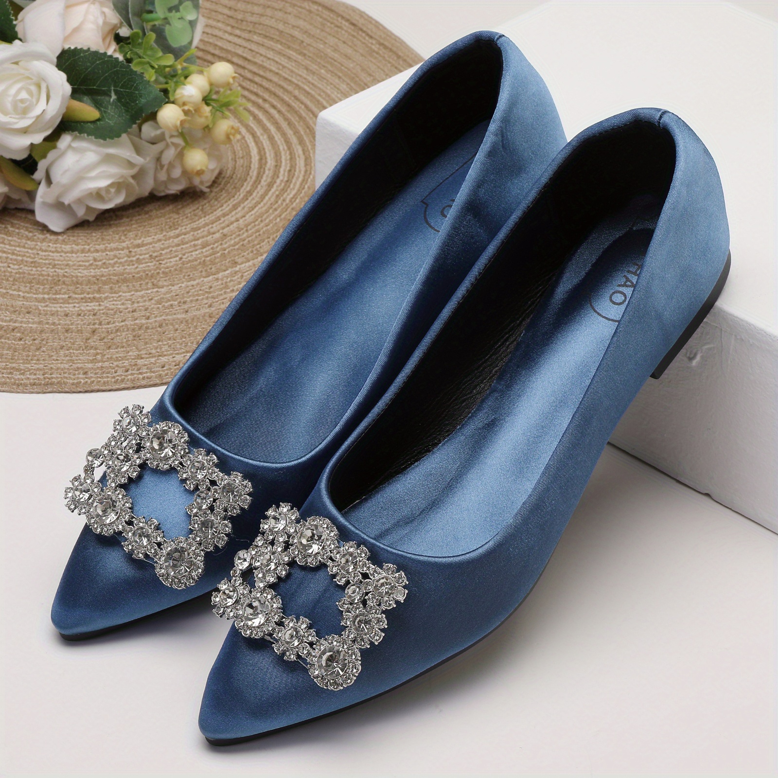 Light Blue Satin Pointy Toe Flats With FLORAL RHINESTONES