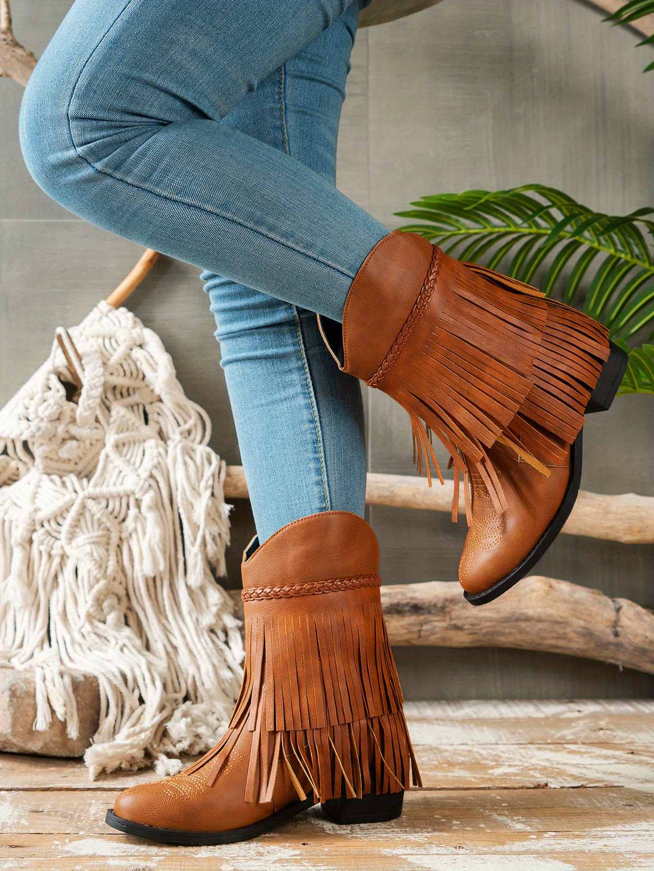 Women's Tassel Decor Chunky Heel Boots, Vintage Embroidered Slip On Boots, Fashion Cowboy Boots