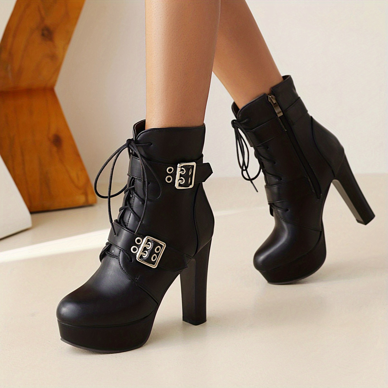 Women's Buckle Strap Ankle Boots Lace Up Block Heels
