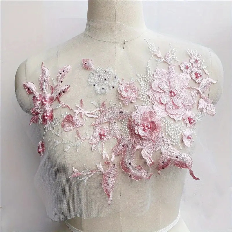 Lace Applique, Pink Flower Applique, Beaded Embroidered Bridal Applique, 1  Pc 