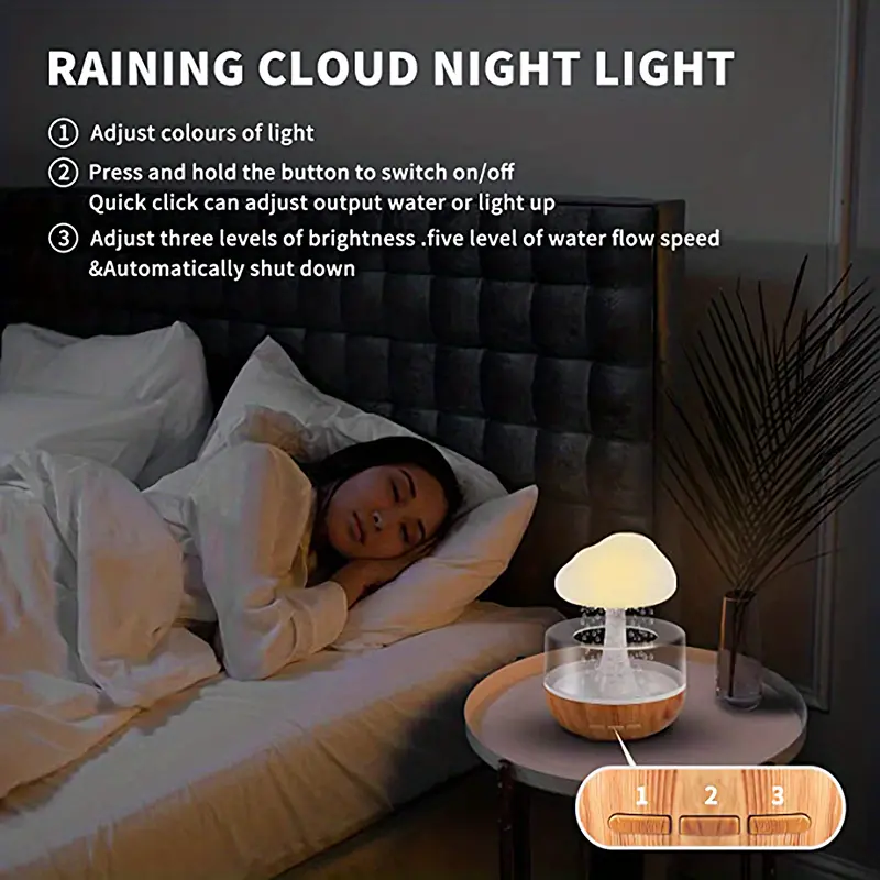 1pc relaxing raining cloud night light with aromatherapy  oil diffuser and micro humidifier perfect for bedside desk and sleeping details 1