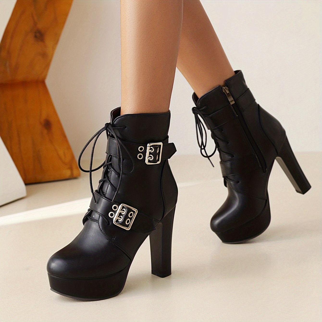 Women's Buckle Strap Ankle Boots Lace Up Block Heels