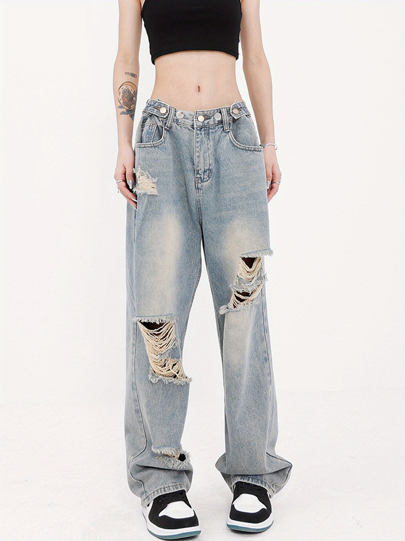 Blue Loose Fit Straight Jeans Washed Ripped Holes Ombre Non - Temu