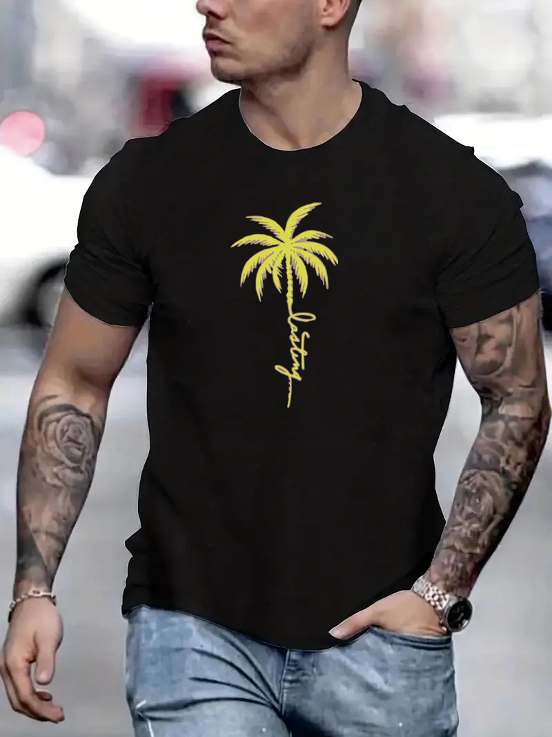 Herren T-Shirt Mit Kokosnussbaum Print - Kurzarm Rundhals, Bequemer Baumwollstoff