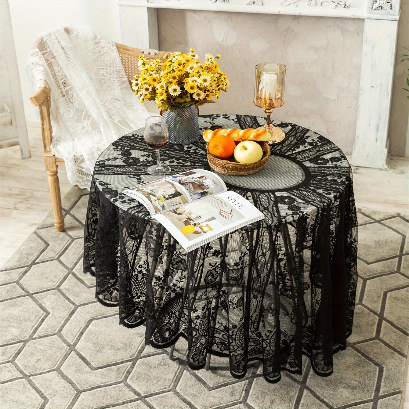 1pc Farmhouse Style Party Vintage Black Lace Cutout Christmas Round Tablecloth, Suitable For Party, Restaurant, Kitchen, Dining Table Decoration