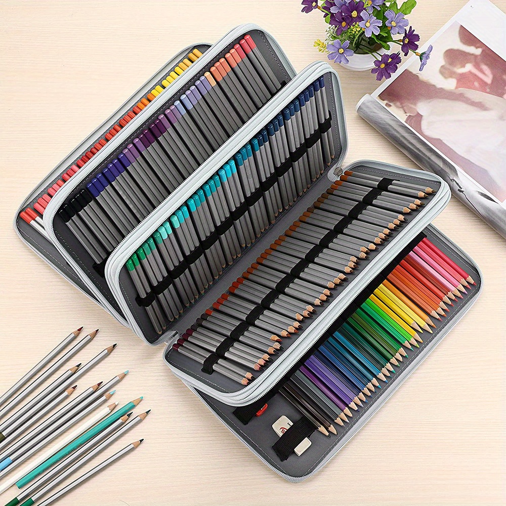 Colored Pencil Case - 200 Slots Pencil Holder With Zipper Closure Twill  Fabric