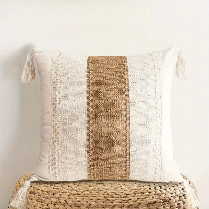Woven Farmhouse Accent Decorative Throw Pillow Cover For Couch Sofa, Cotton  Burlap Decor Boho Neutral Pillow Cushion With Tassels For Living Room  Bedroom Patio, Natural Beige, Single Stripe, No Pillow Insert 