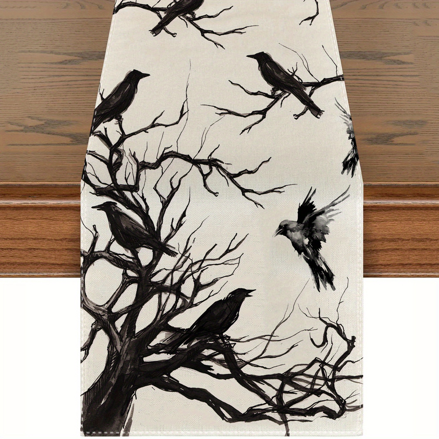 TEMU 1pc, Linen Table Runner, Silhouette Tree Halloween Table Runner, Branches Kitchen Table Decorations, For Outdoor Family Gatherings