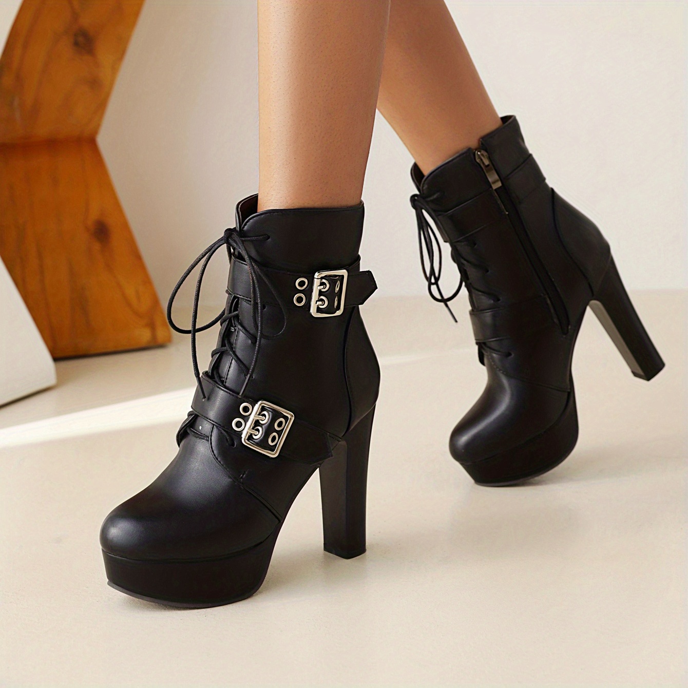 Women's Buckle Strap Ankle Boots Lace Up Block Heels