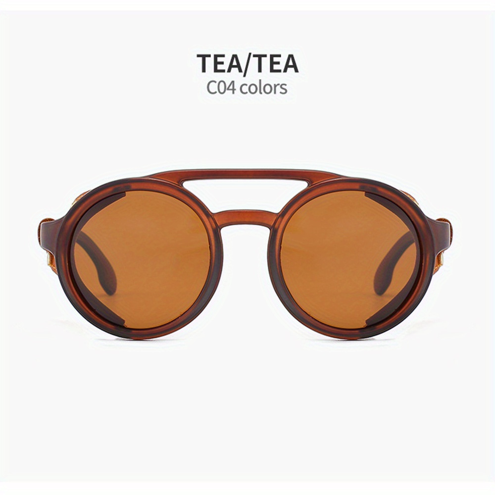 Vintage Steam Punk Style Round Polarized Sunglasses with Leather Side Shield