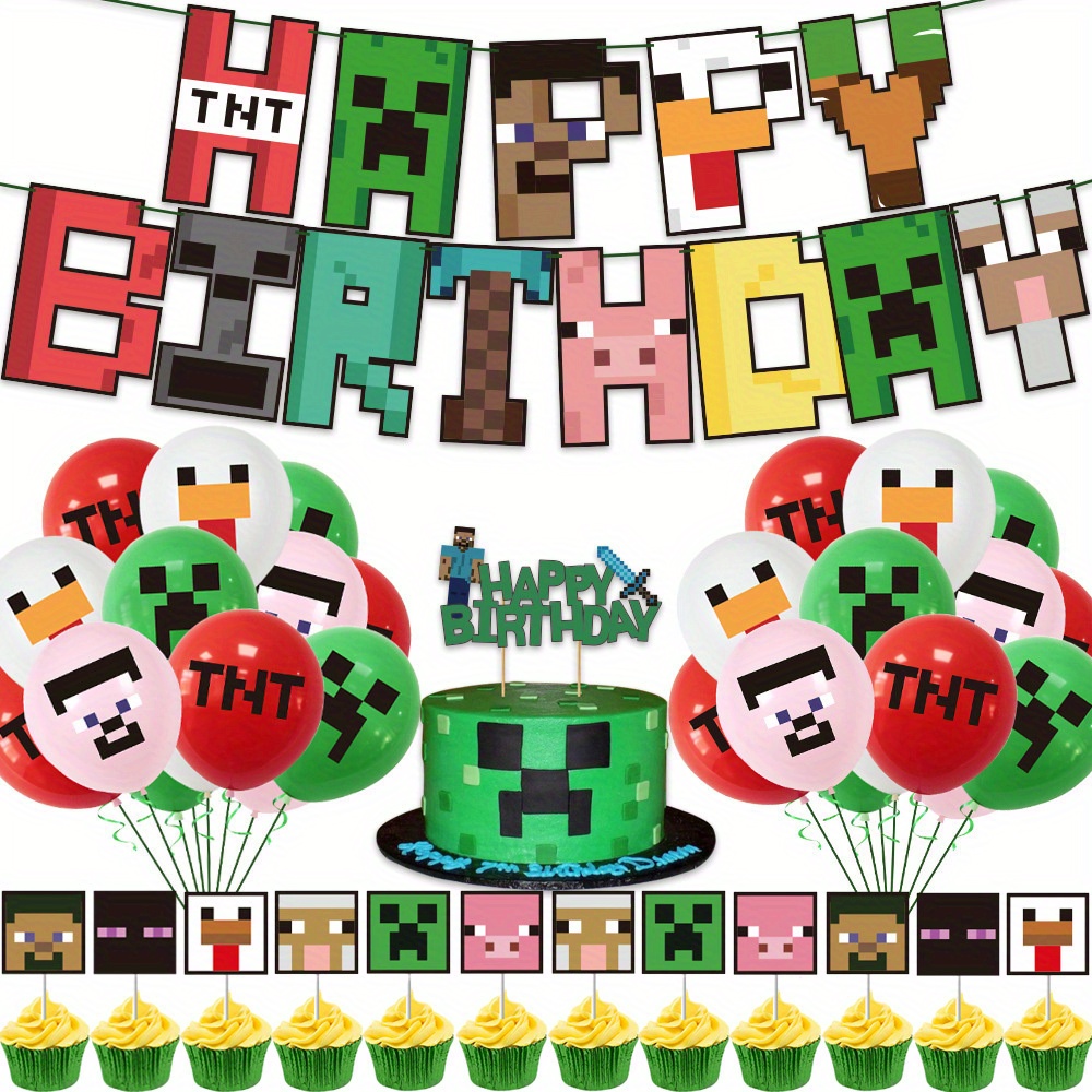 Minecraft Gaming Theme Kids Birthday Party Balloons Banner Cupcakes Topper  Sets