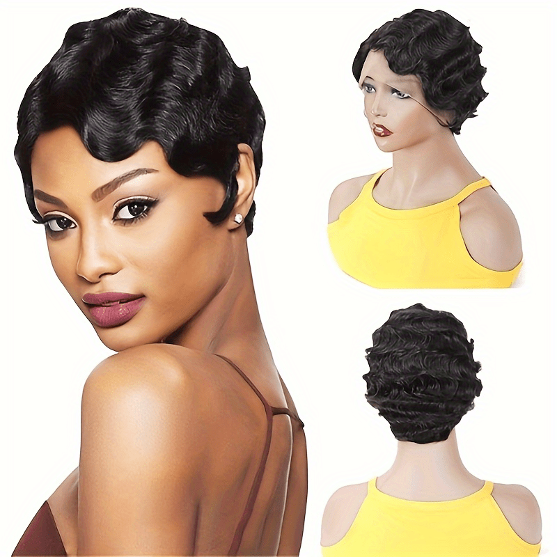 

Brazilian Remy Human Hair Pixie Cut Wig - 6 Inch Short Finger Wave Wig For Women - 180% Density - Full Of Machine Made - Non-lace - Full Head Of Natural Looking Hair