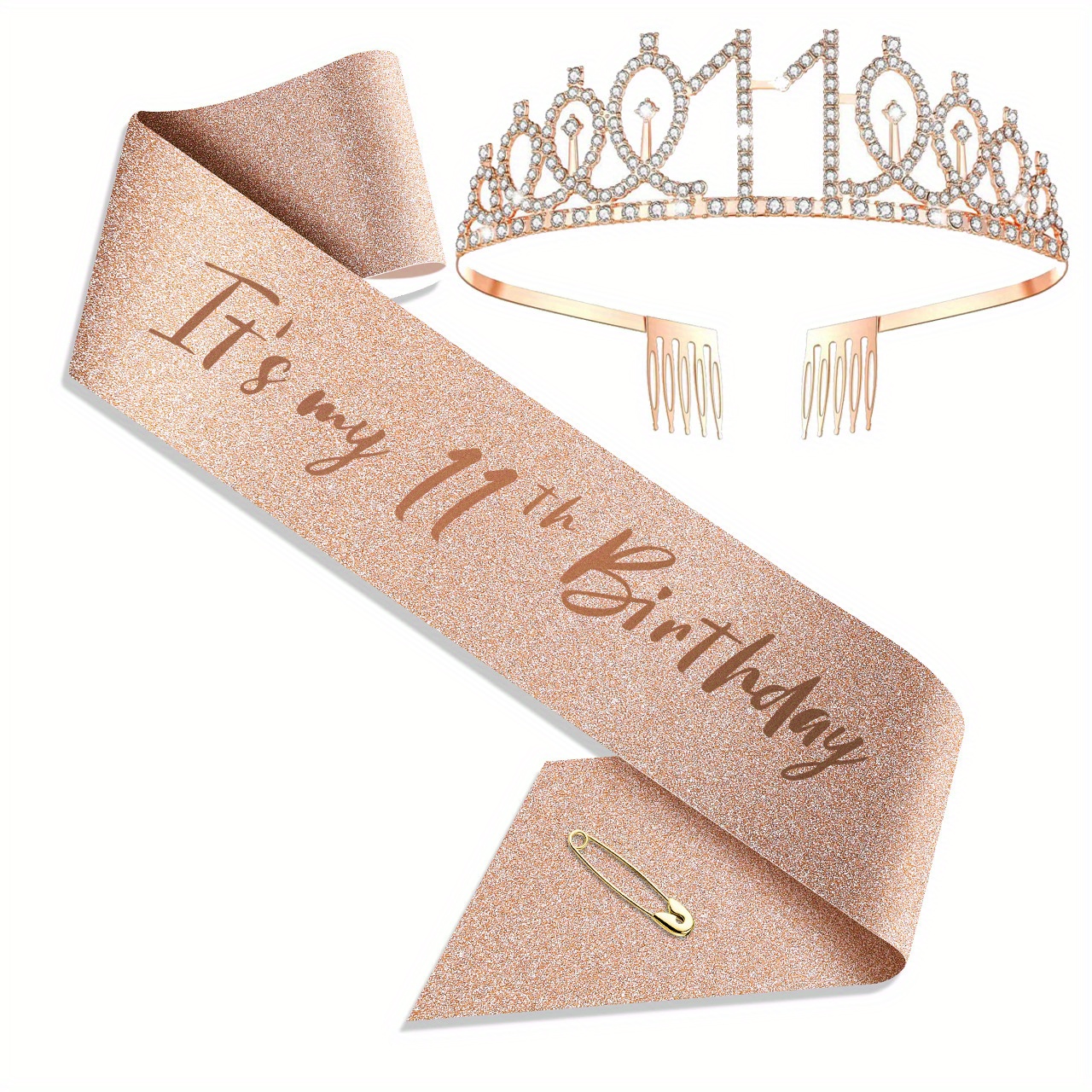 Regalos de cumpleaños número 11 para niñas, tiara y banda de cumpleaños  número 11, banda y tiara de cristal con texto en inglés It's My 11th