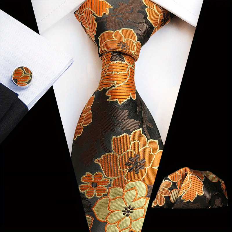 Burnt Orange Paisley Silk Tie with Matching Pocket Square and Cufflink Set