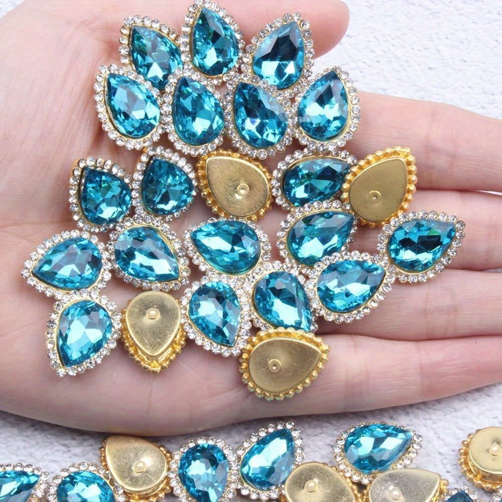  50Pcs Rhinestone Buttons Embellishments Sew On Crystal  Rhinestones Flatback Beads Buttons with Diamond,Lake Blue