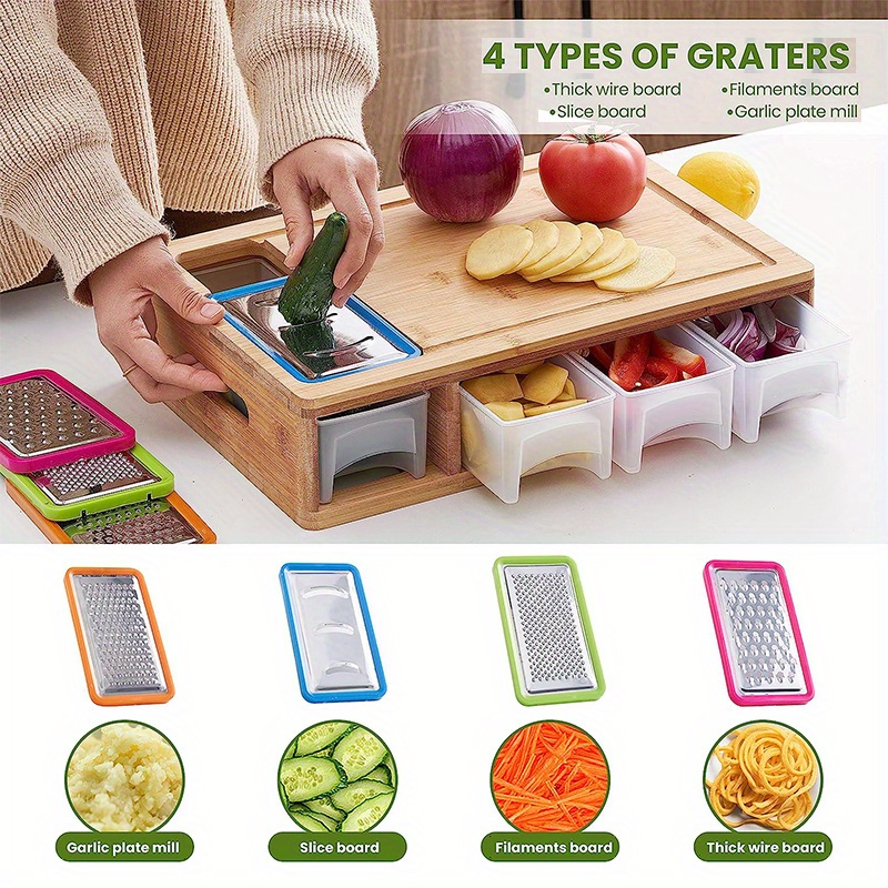 Kitchen Cutting Board Bamboo Chopping Board w/ 4 Food Storage Container +  grater