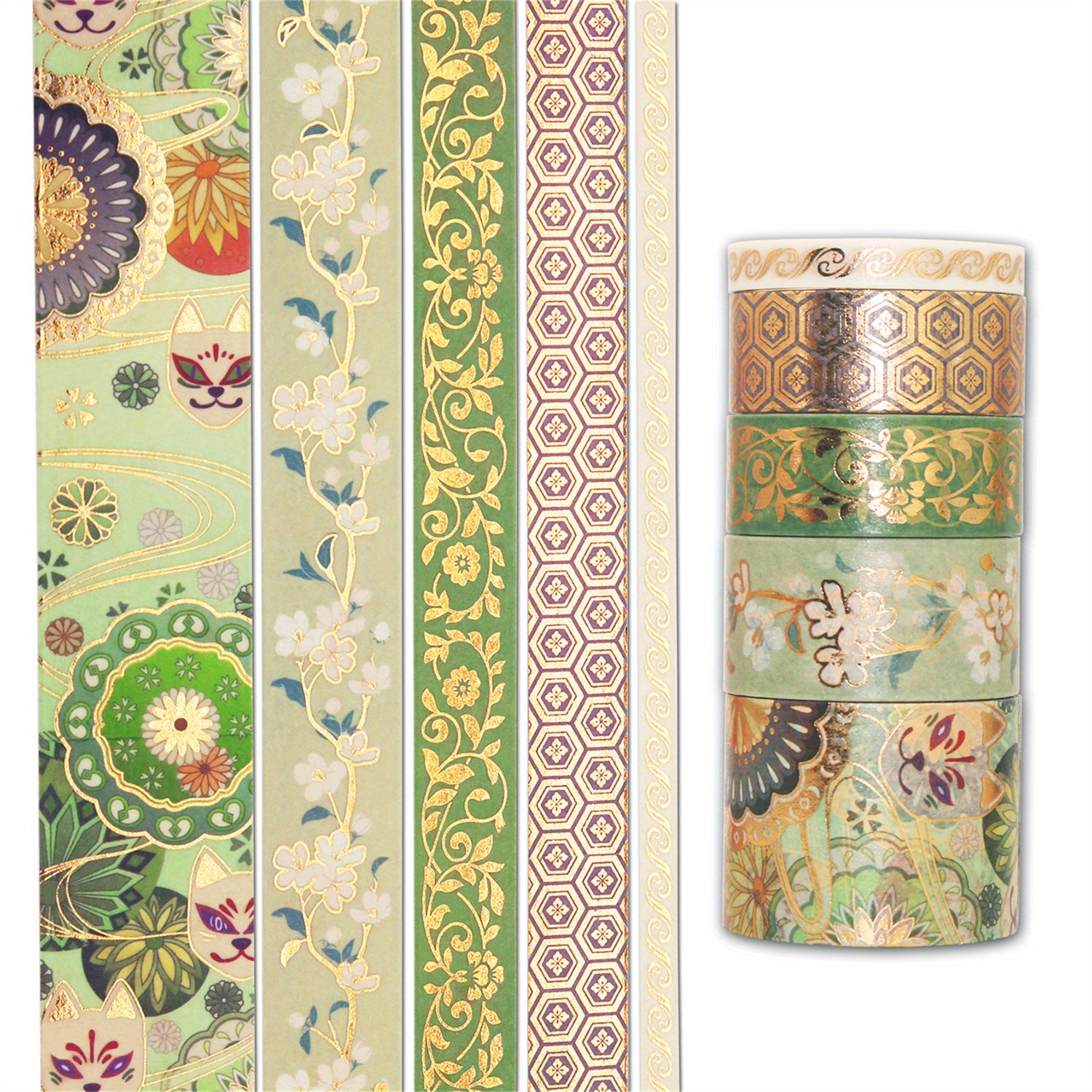 Vintage Green Washi Tape Beautiful Floral Washi Tape Golden - Temu