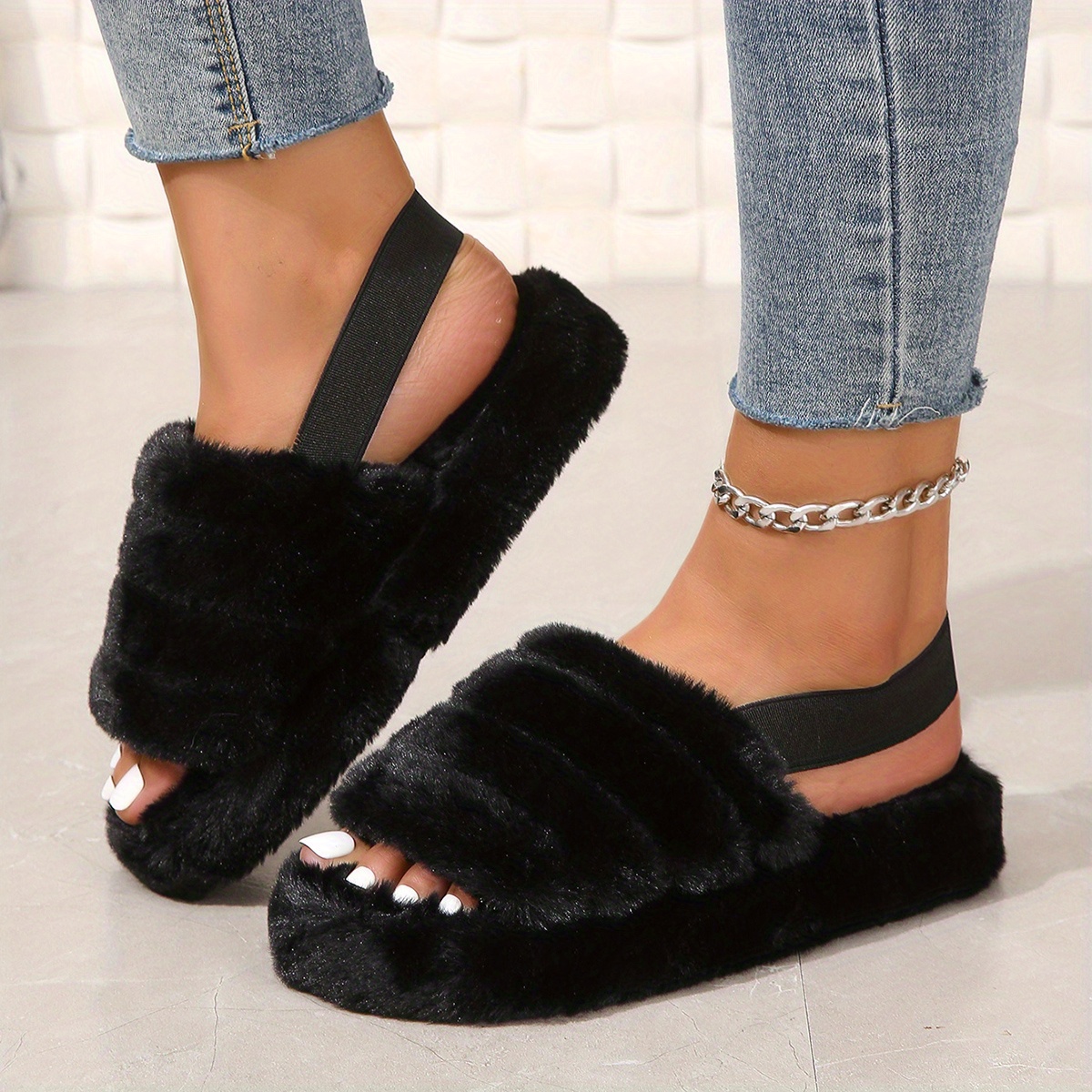 Women's Furry Slides Faux Fur Slides Fuzzy Slippers Fluffy Sandals Outdoor  Indoor 