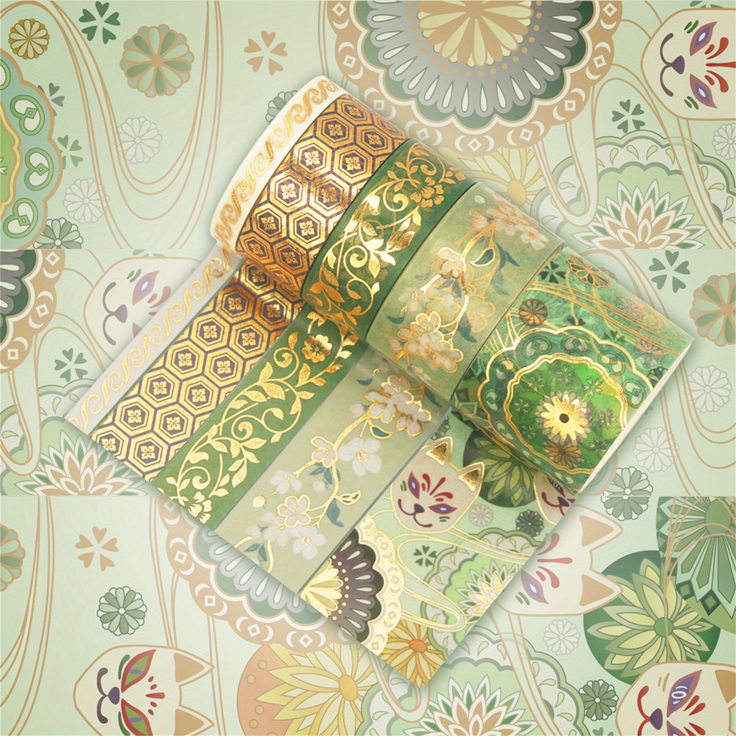 Vintage Green Washi Tape Beautiful Floral Washi Tape Golden - Temu