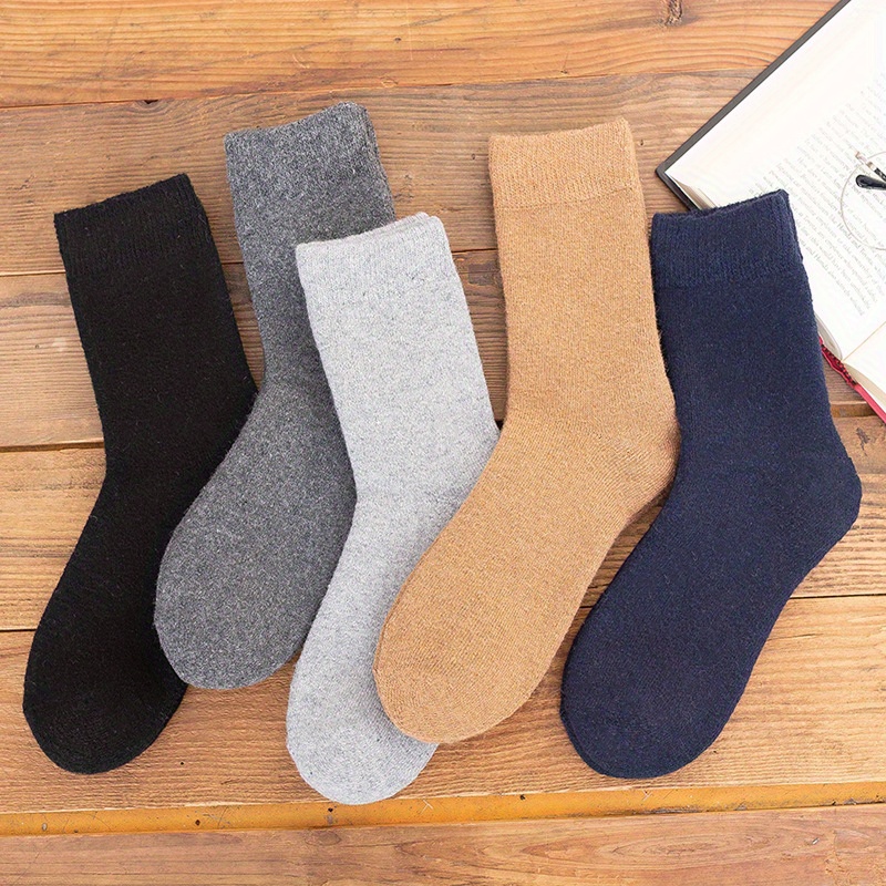 1pair Men's Thick Warm Crew Socks For Winter, Casual Plain Color Terry Socks, Men's Socks