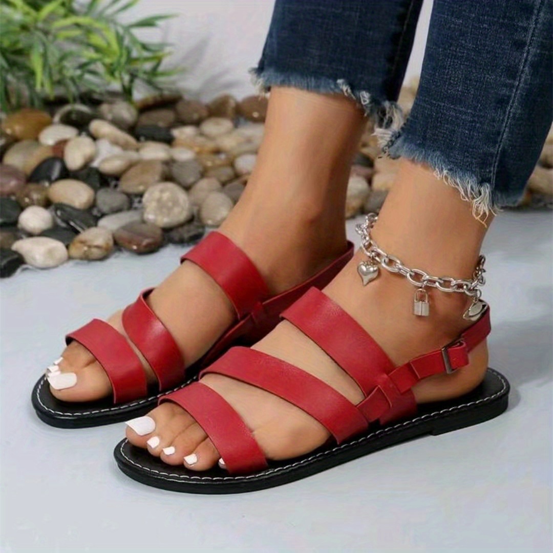 Women's Roman Flat Sandals, Solid Color Open Round Toe Ankle Strap Shoes,  Casual Beach Sandals