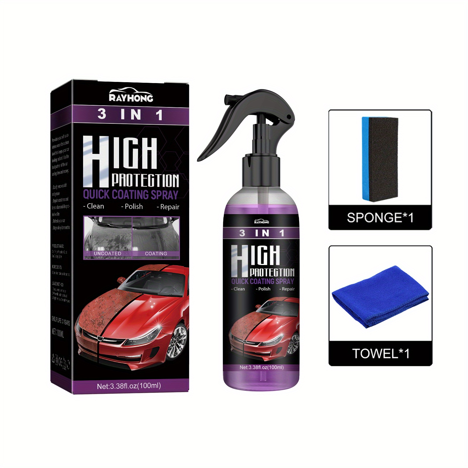 3 in 1 Nano Ceramic Coating Spray Paint Care HydroSlick Intense Gloss Shine  Sio2 for Glass&Tires&Wheels Car Care JB-44