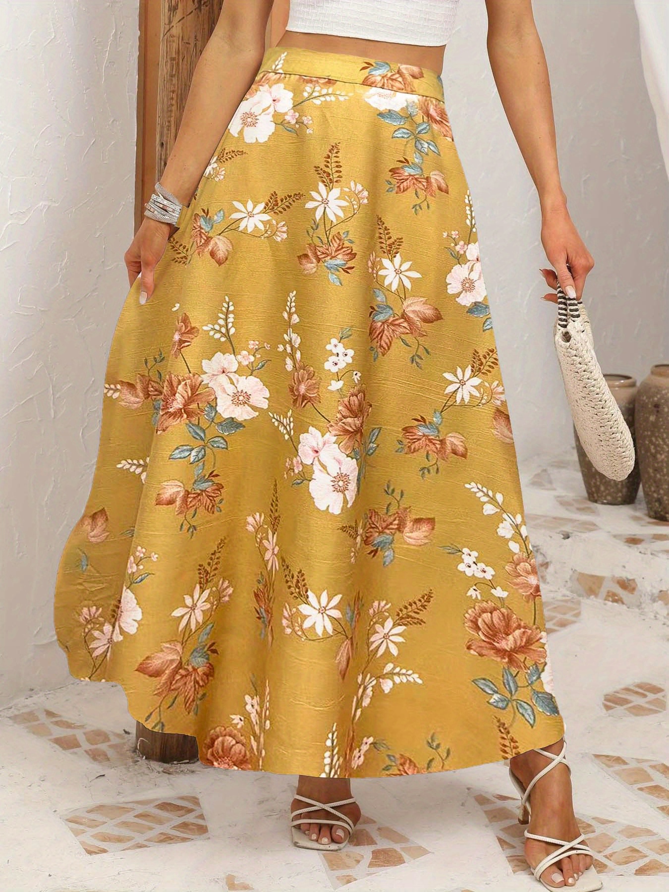 Floral Print Elastic Waist Skirt Elegant Maxi Skirt Spring Temu