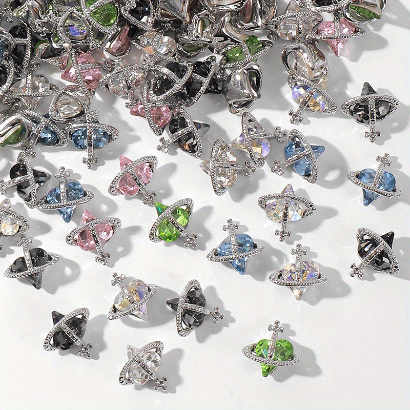 RODAKY Nail Art Charms Sliver Metal Planet Nail Charms with Crystal  Rhinestone 3D Punk Star Nail Supplies 6 Colors Saturn Shape Nail  Accessories for