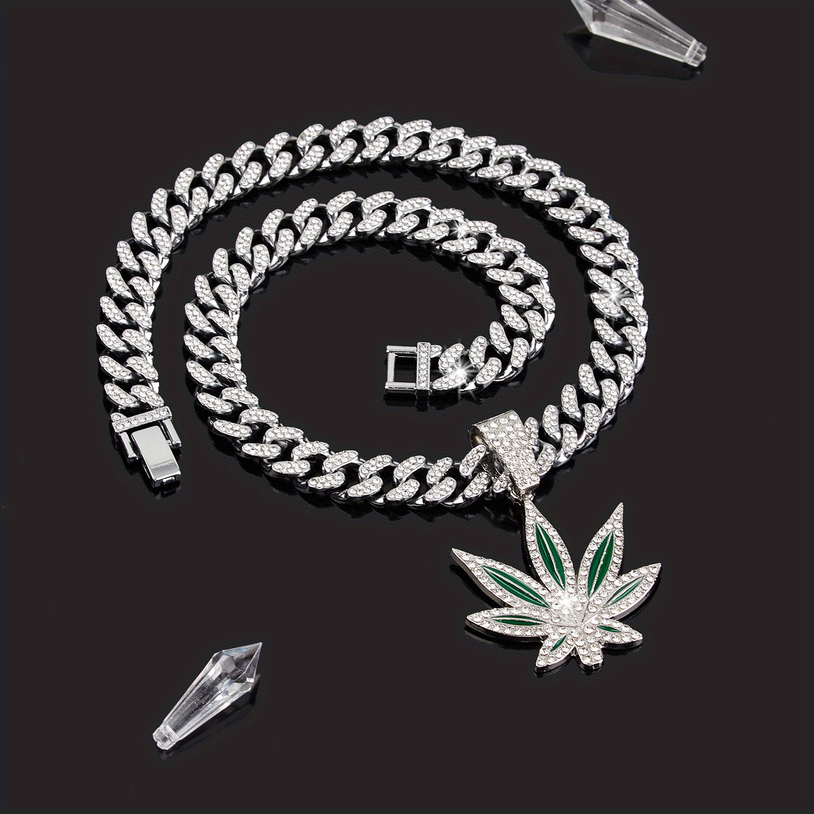 classic retro green leaf pendant cuban necklace for hip hop men details 9