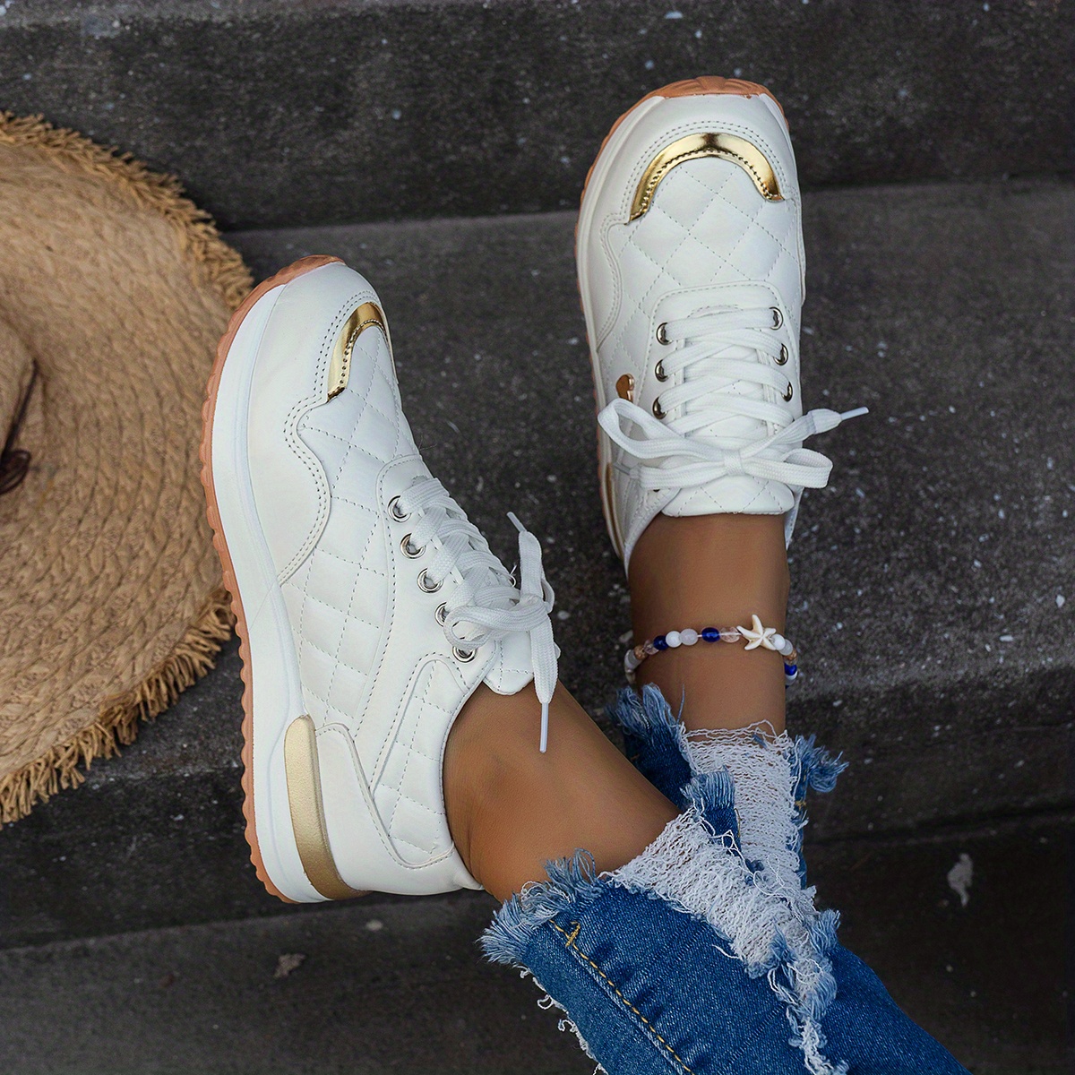 White Quilted Gold Chain Sneakers 5