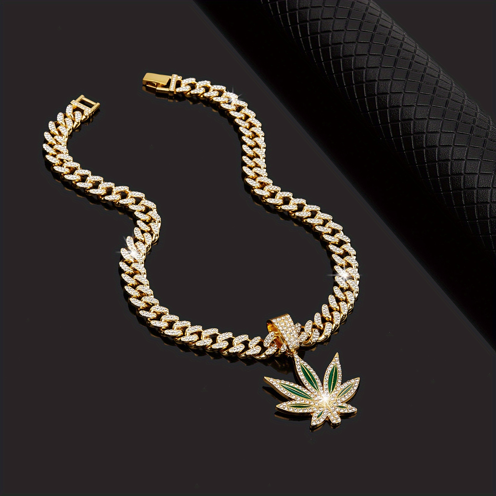 classic retro green leaf pendant cuban necklace for hip hop men details 6