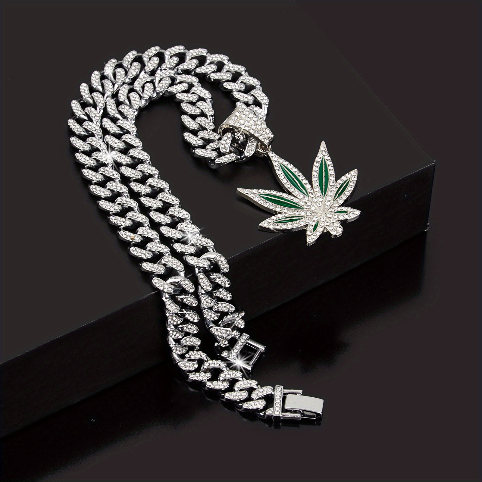 classic retro green leaf pendant cuban necklace for hip hop men details 3