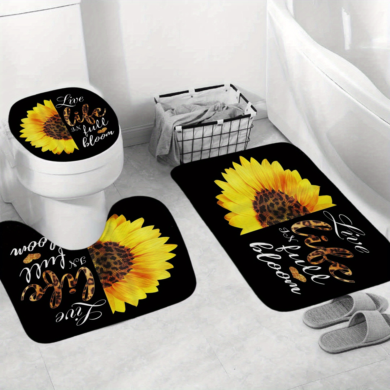 Sunflower Shower Curtain Set Waterproof Fabric Black Shower - Temu