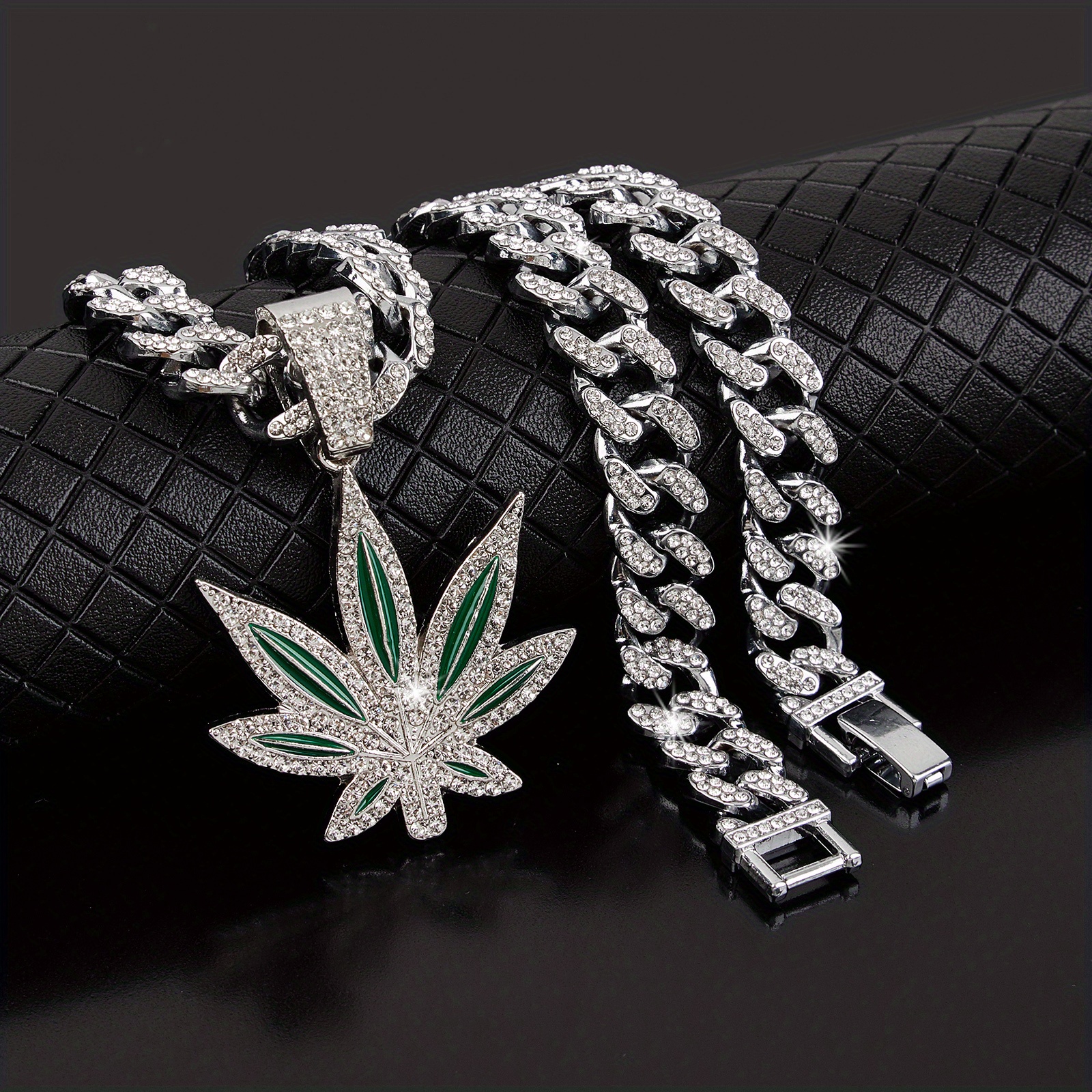 classic retro green leaf pendant cuban necklace for hip hop men details 0