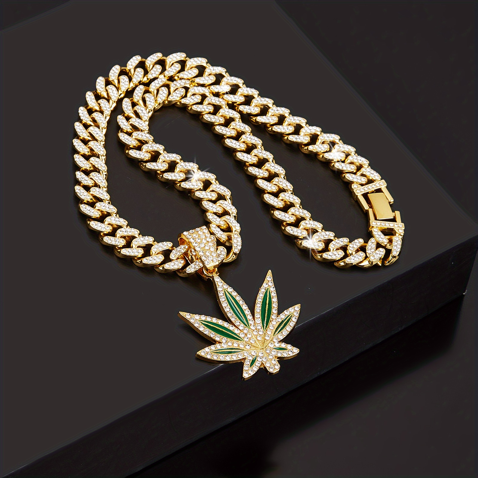 classic retro green leaf pendant cuban necklace for hip hop men details 4