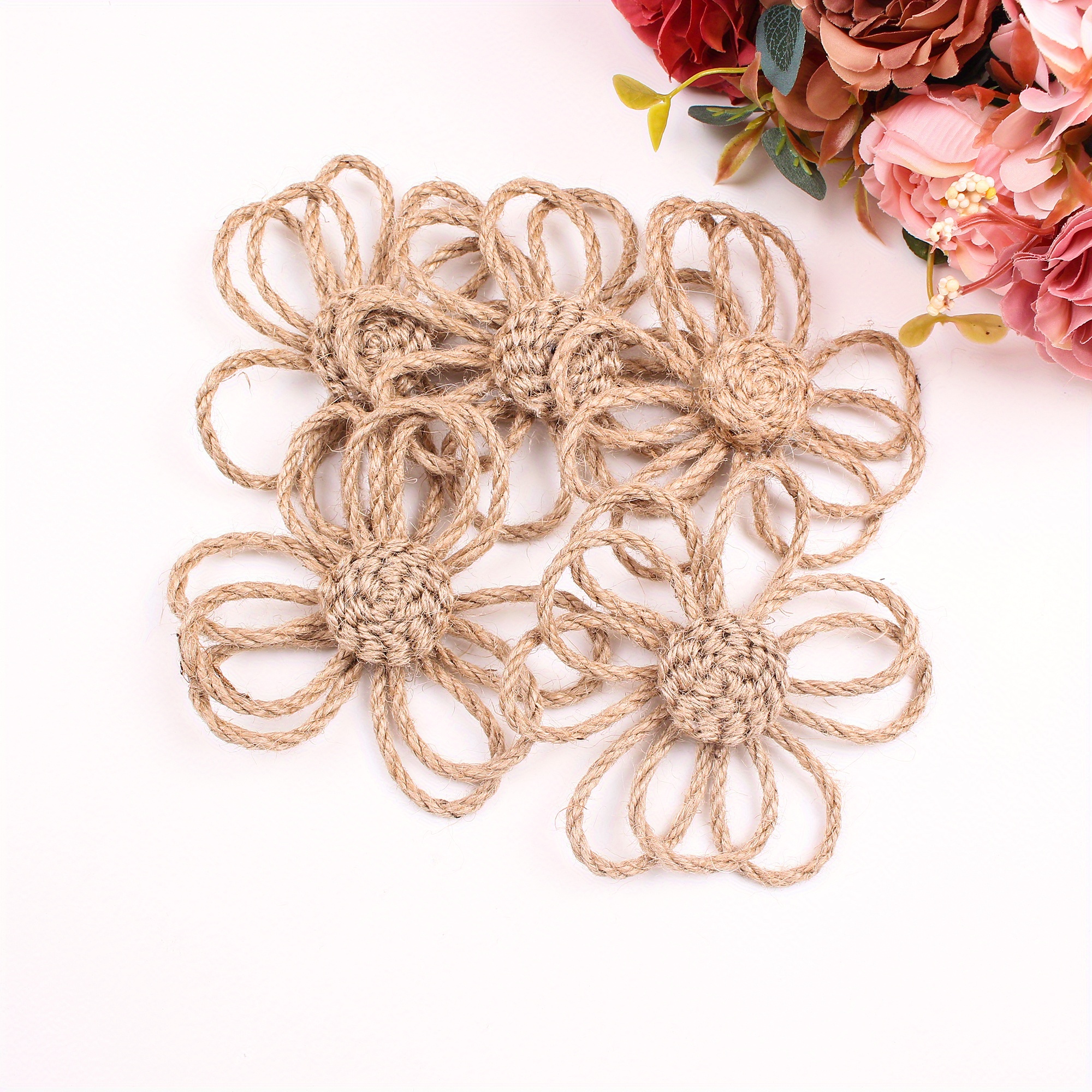 Image of Jute Rope Flower Handmade Decoration Coarse Jute Rope Flower Christmas Wedding Party Decoration Flower 5pcs 10cm/3.9in X 10cm/3.9in