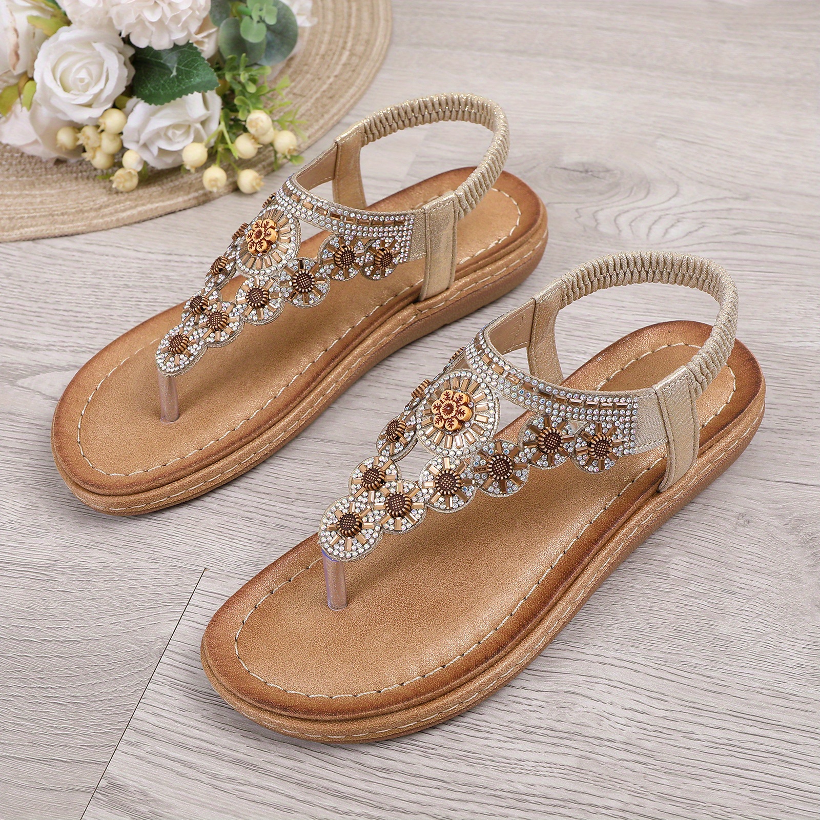 Women's Rhinestone Flat Sandals, Boho Style Elastic Strap Thong Sandals,  Summer Beach Slip On Sandals