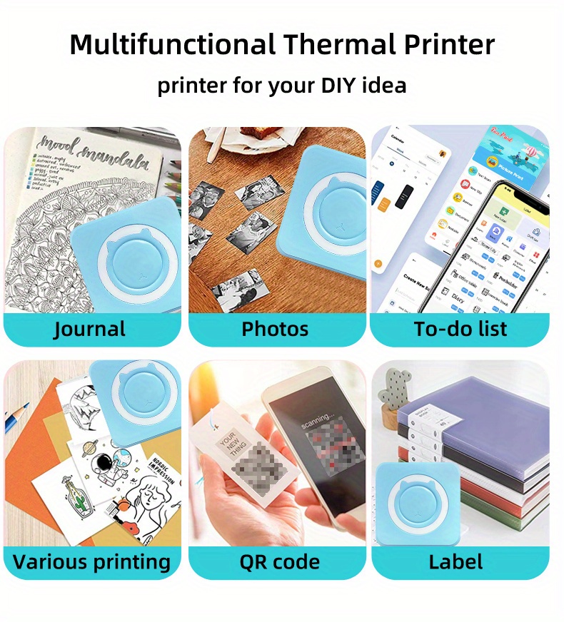 mobile mini thermal printer connect mobile phone wireless download app print label material photos multi purpose portable pocket minicomputer macaron color with charging line print paper instructions students gifts staff outdoor office stationery details 2