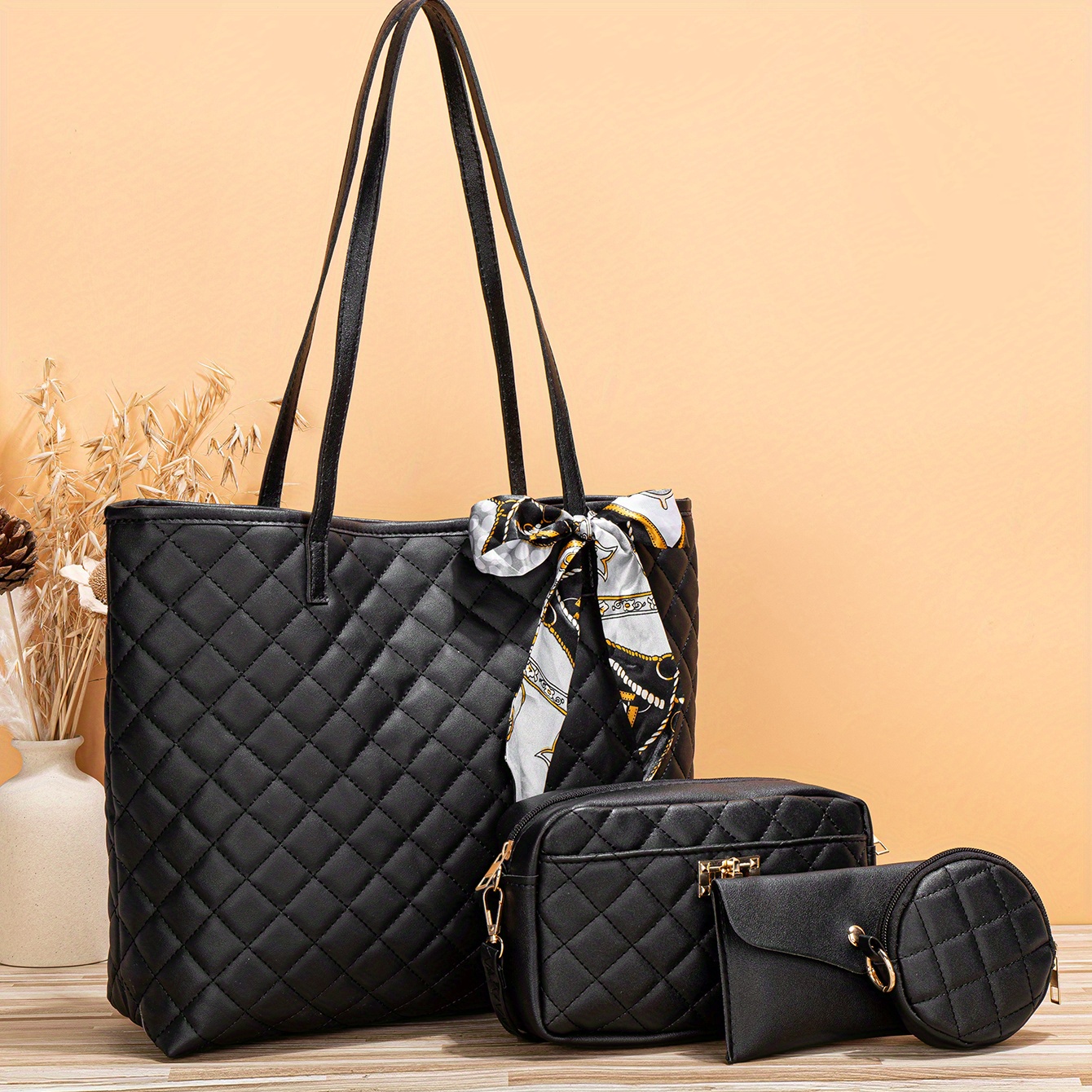 Classic Love Quilted Pattern Bag Sets, Trendy Tote Bag With Shoulder Bag &  Purse, Solid Color Bags