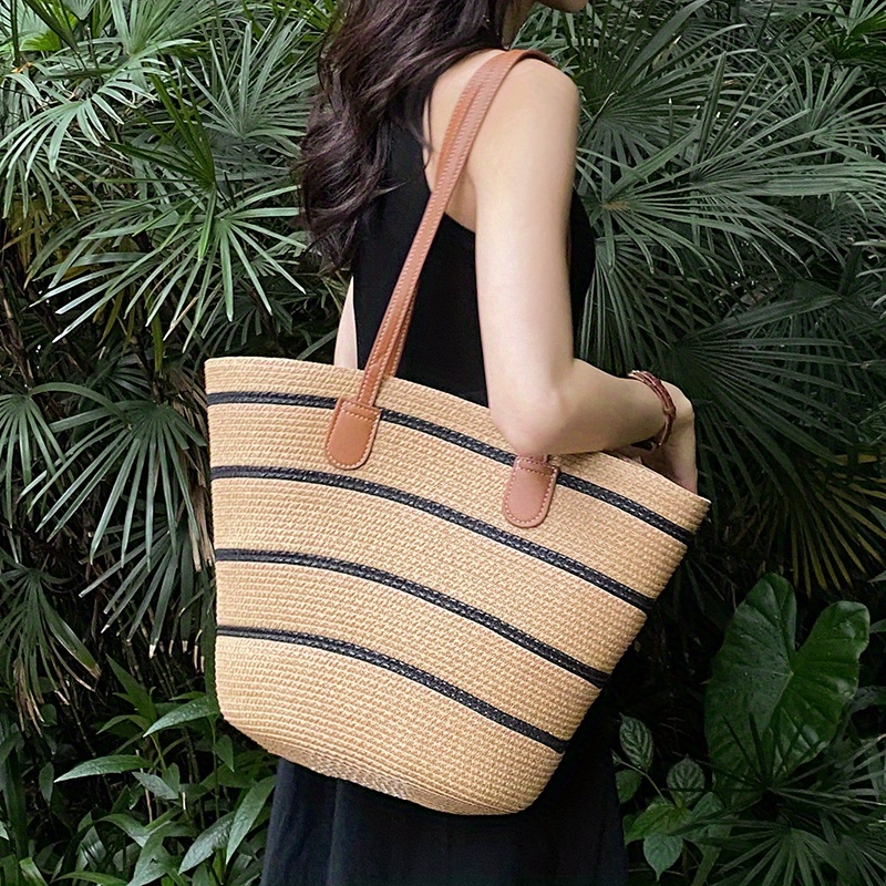 Simple Striped Pattern Shoulder Straw Bag, All-match Summer Woven Tote Bag,  All-match Travel Storage Bag For Beach - Temu Australia