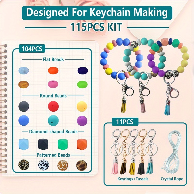 115pcs Keychain Ring & 15mm Assorted Colorful Big Bulk Focal Silicone Beads  Kit For Diy Bracelet Necklace Keychain Making Small Business Jewelry Makin