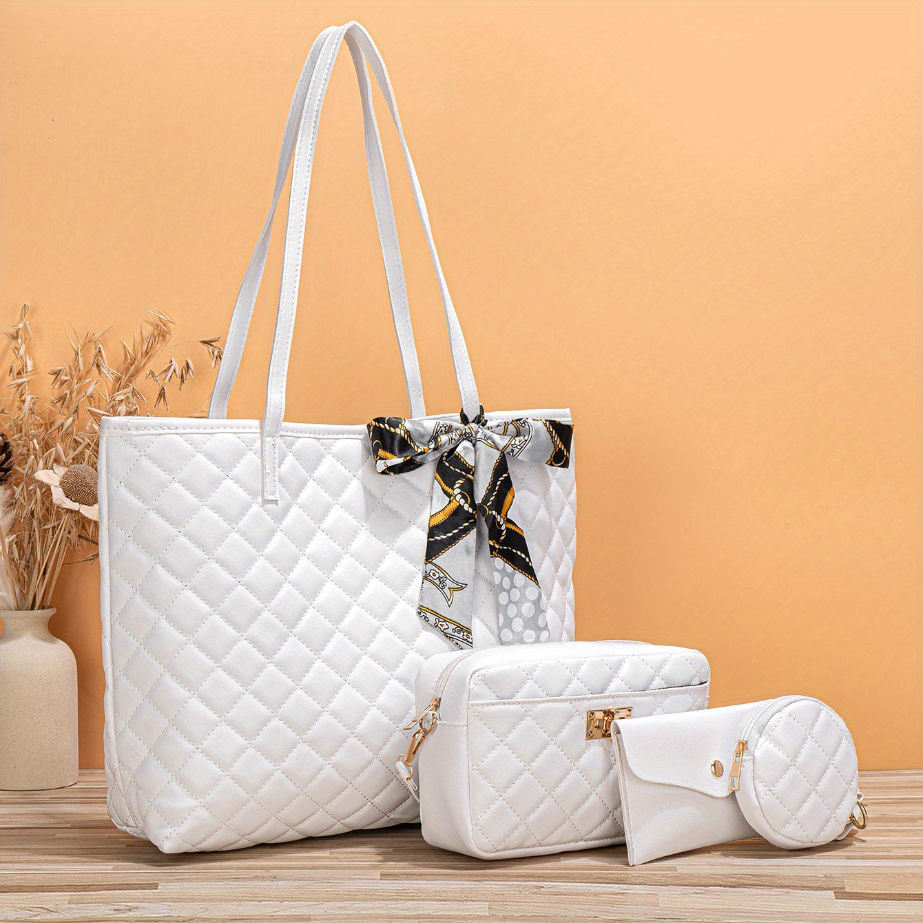 Classic Love Quilted Pattern Bag Sets, Trendy Tote Bag With Shoulder Bag &  Purse, Solid Color Bags - Temu