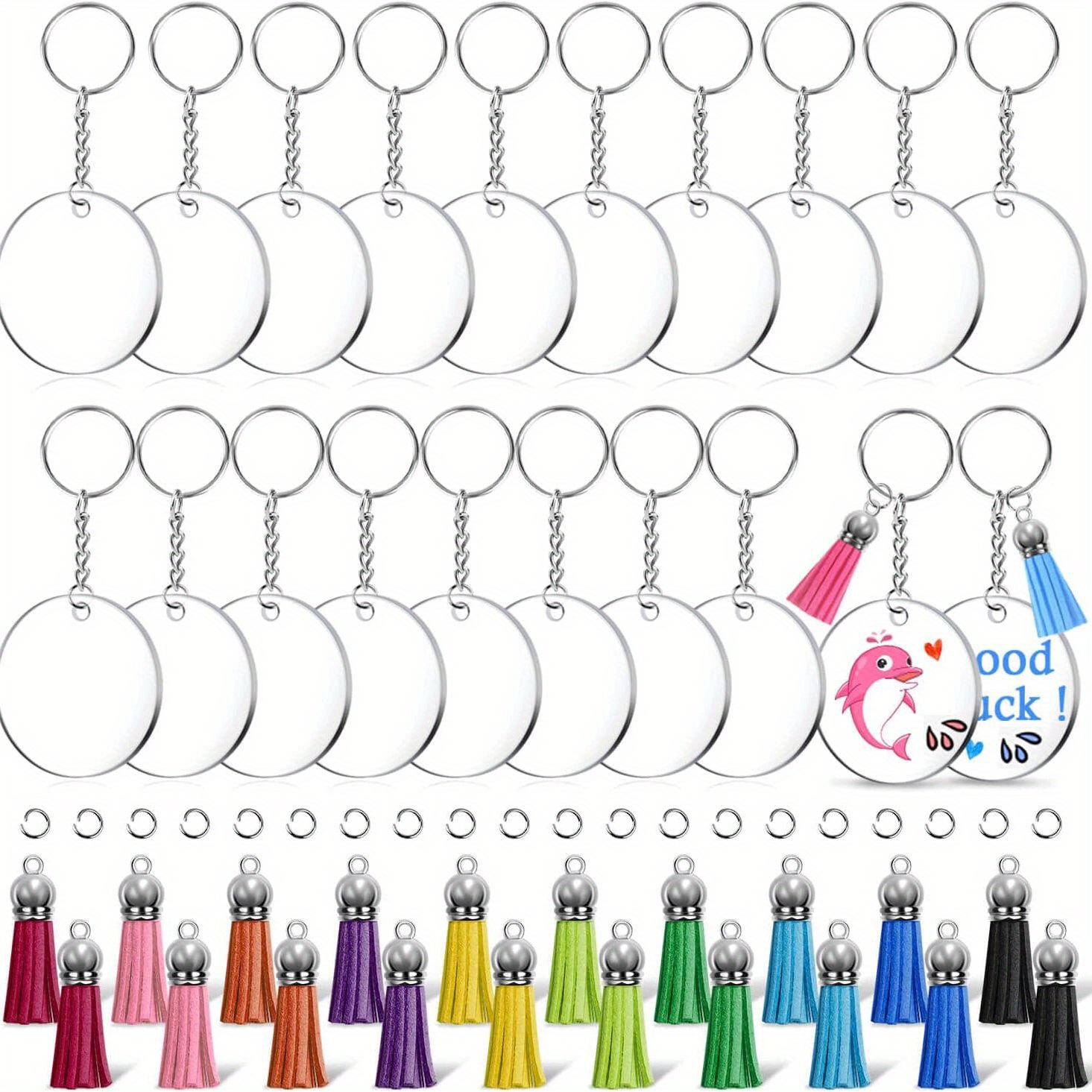 Image of [2d Flat] [2d Flat] 100pcs Of Blank 2d Acrylic Keychains In Shapes, Colorful Faux Leather Tassel Additions, And Transparent Acrylic Keychain Blanks