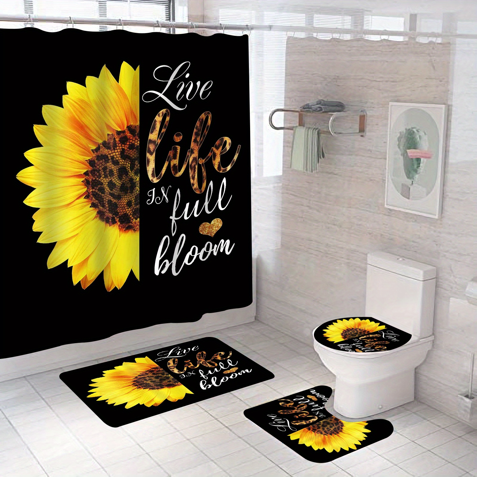 4pcs Daisy Shower Curtain and Rug Sets Bathroom Decor, Waterproof Shower Curtain with Hooks and 3pcs Toilet Cover Mat Set, Size: Shower Curtain