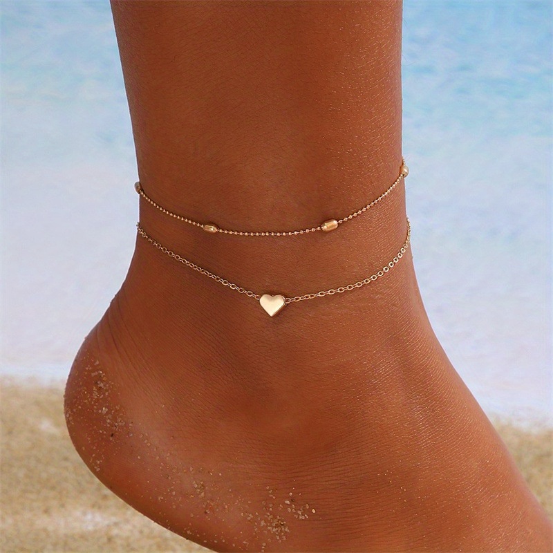 Boho Chic Double Layer Heart Charm Anklet For Women - Vintage Beach Ball Chain & Peach Heart Bead Ankle Bracelet, Weddings & Vacations, Bohemian Style Jewelr