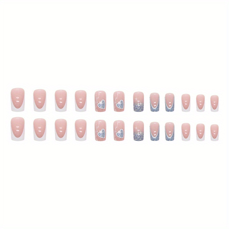 White French Tip Fake Nails, Blue Glitter Press On Nails With Heart And ...