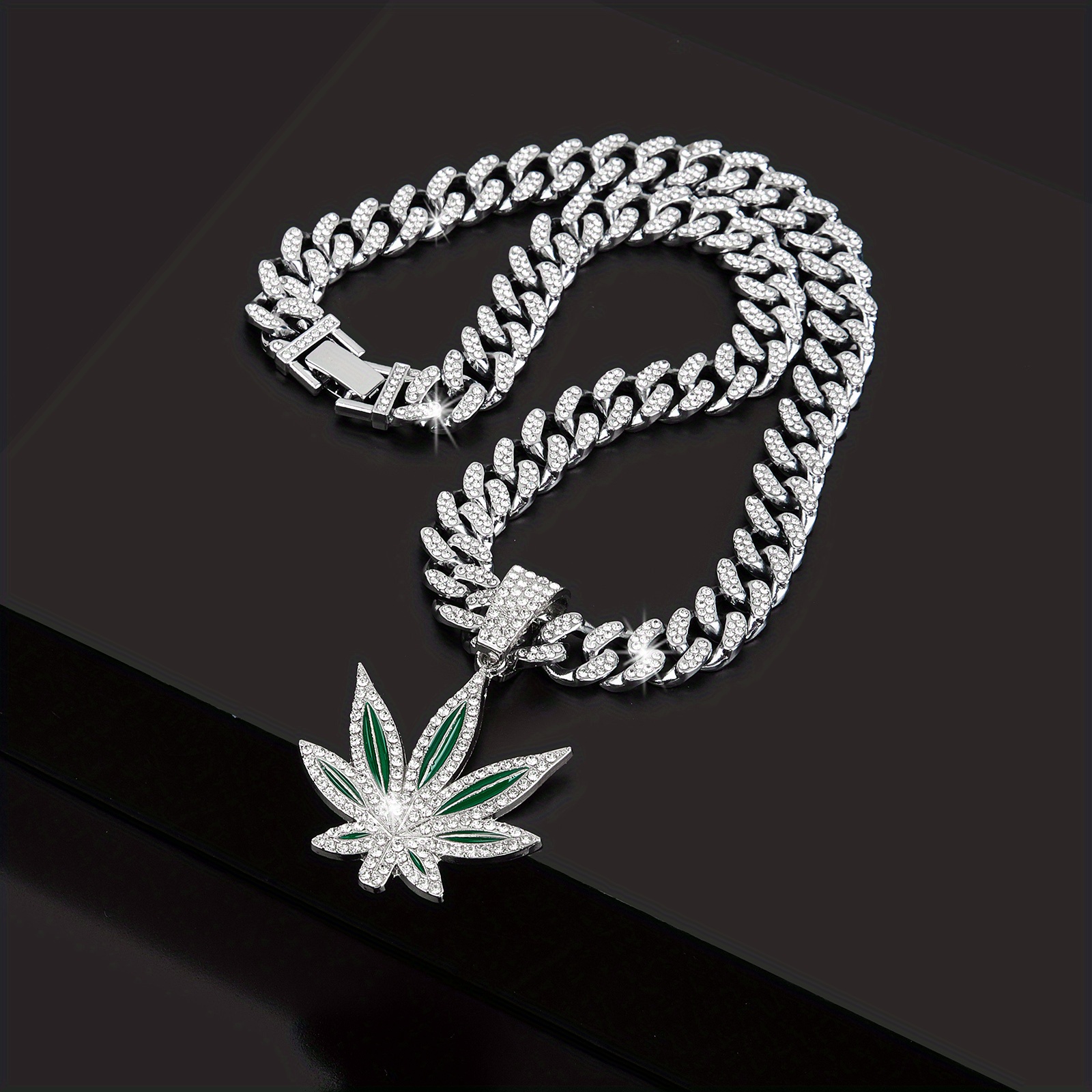 classic retro green leaf pendant cuban necklace for hip hop men details 5