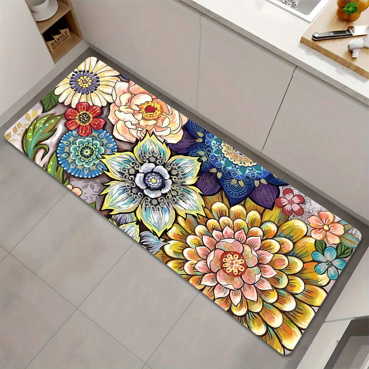 Floral Herbs Kitchen Rugs Floor Mat Anti Fatigue Washable Sage